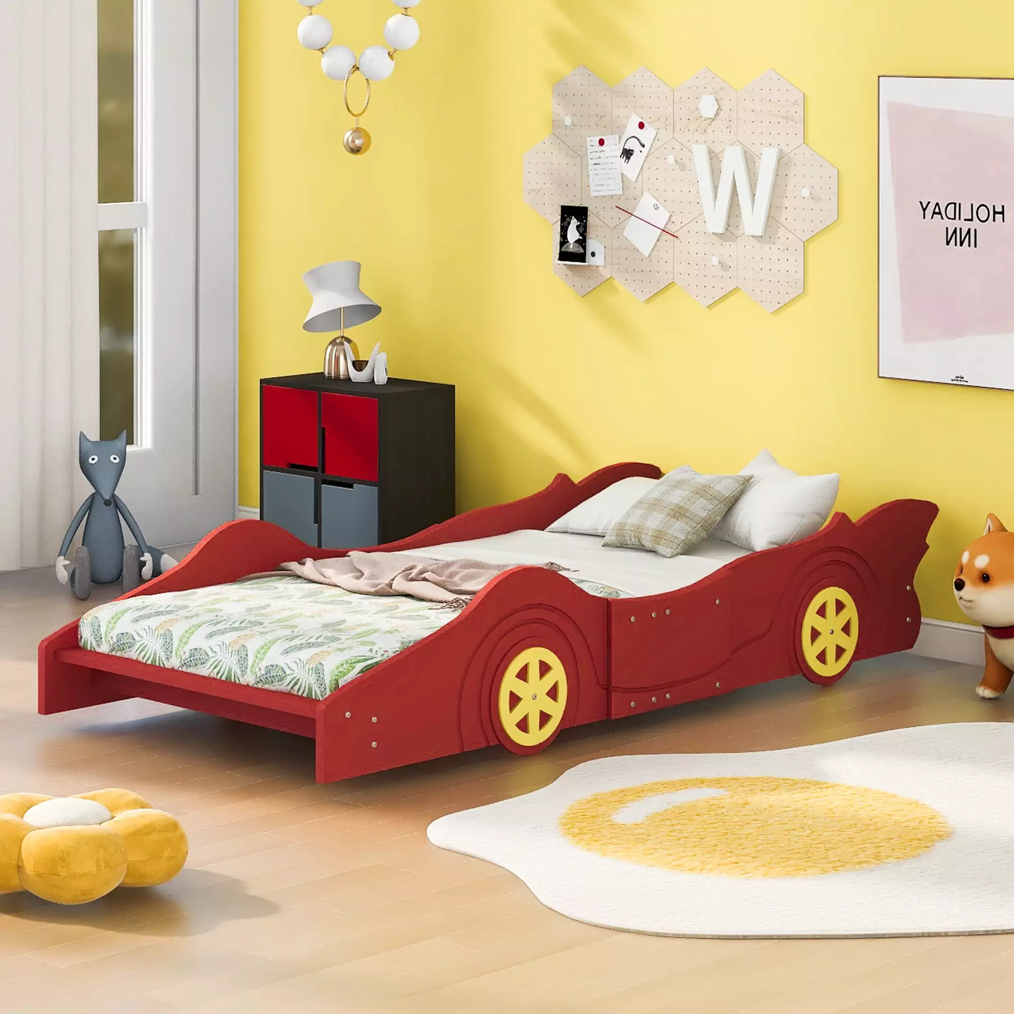 iRerts Race Car Shaped Twin Bed Frame. Wood Twin Platform Bed Frame for Kids Toddlers. Children Twin Size Platform Bed with Wheels. Wooden Slats. No Box Spring Needed. Red