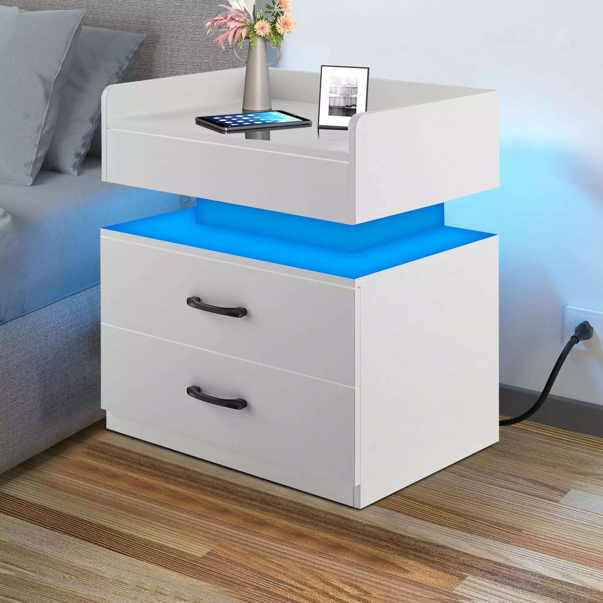 iRerts Side Table with Charging Station. Wood Nightstand with Drawers and LED Lights. Bedside Table with Plug Outlets. 2 USB Ports. Modern End Side Table for Bedroom Living Room Office. White