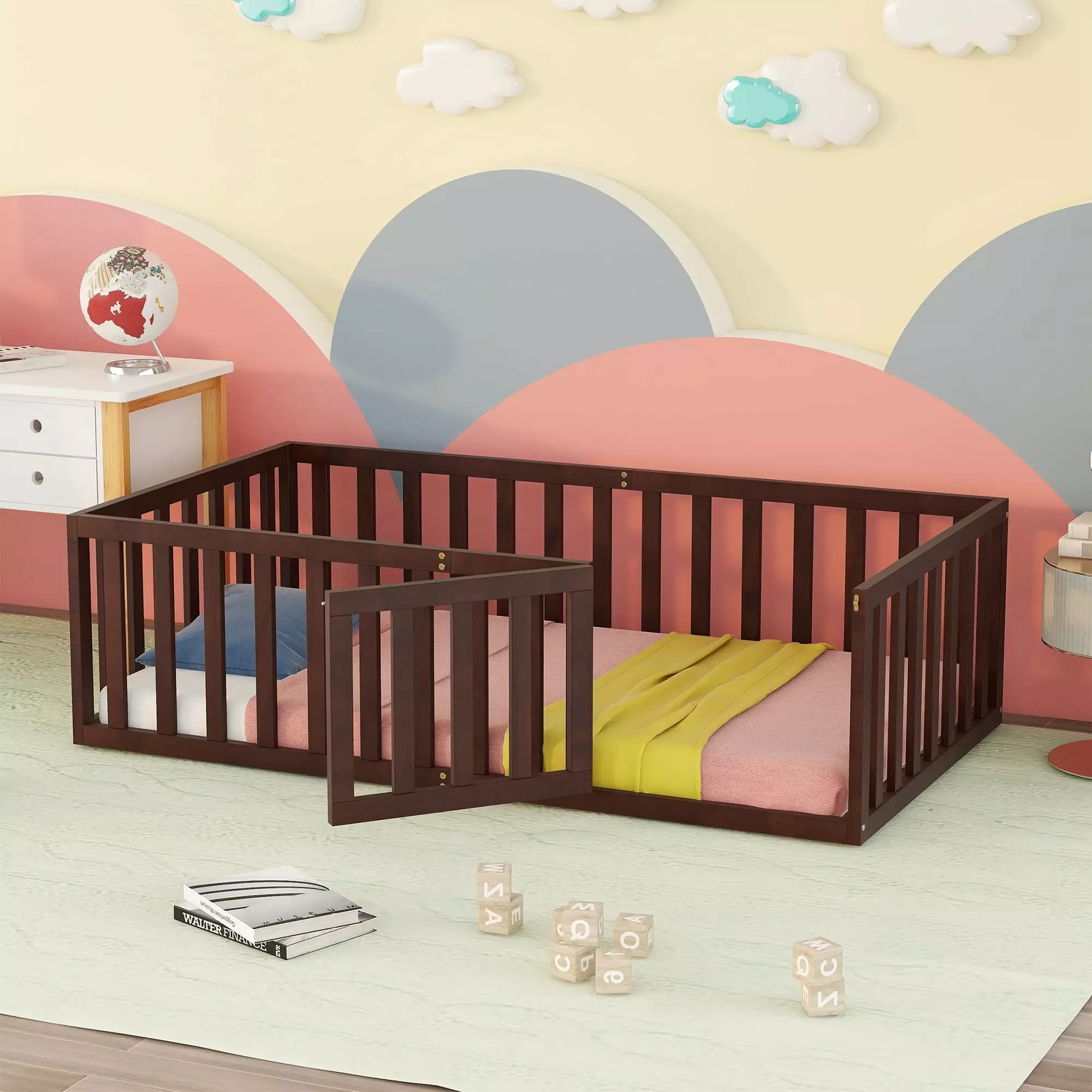 iRerts Twin Floor Bed Frame for Kids Toddlers. Wood Montessori Low Floor Twin Size Bed Frame with Fence Guardrail and Door. kids Twin Bed for Boys Girls. Spring Needed. Walnut