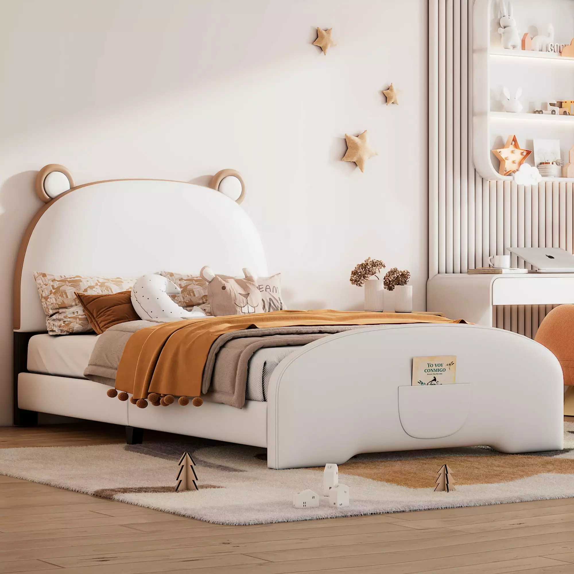 iRerts Upholstered Twin Size Platform Bed Frame with Headboard and Footboard. Bear Shape Princess Twin Bed Frame for Kids Teens Adults Bedroom with Slats Support. No Box Spring Needed. White