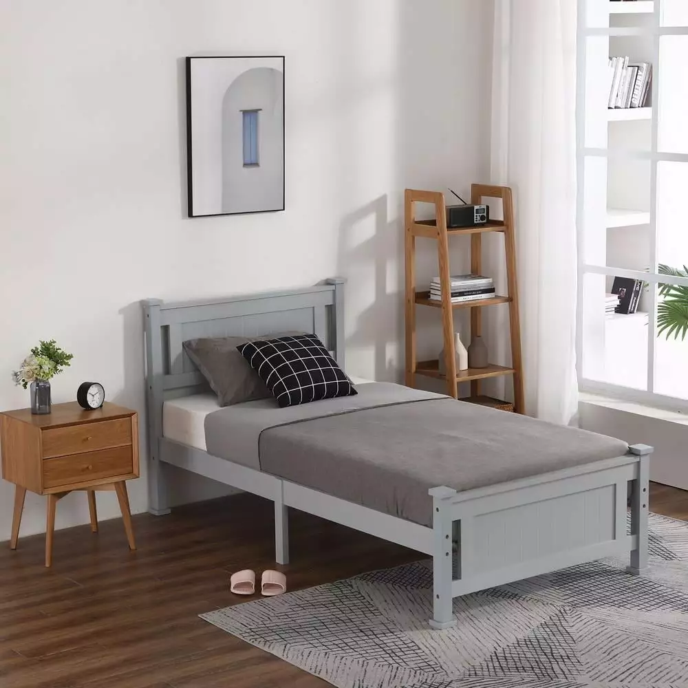 iTopRoad Twin Wood Platform Bed with Headboard.Solid Pine Wood Kids Twin Platform Bed Frame. Bedroom Twin Bed with Headboard for Adults. Gray. 75.04L*38.98W*37.8H