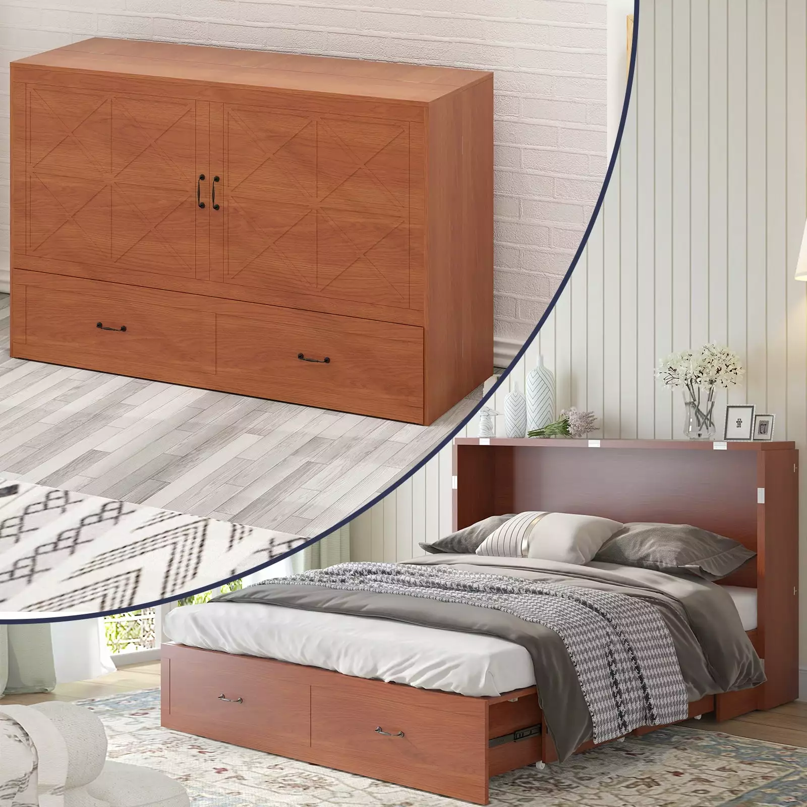 ijuicy Murphy Bed Cabinet with Built-in Charging Station and Storage Drawer. Solid Wood Cabinet Bed Queen Size with Mattress. Murphy Cube Chest Bed for Guest Room. Home. Office-Cherry