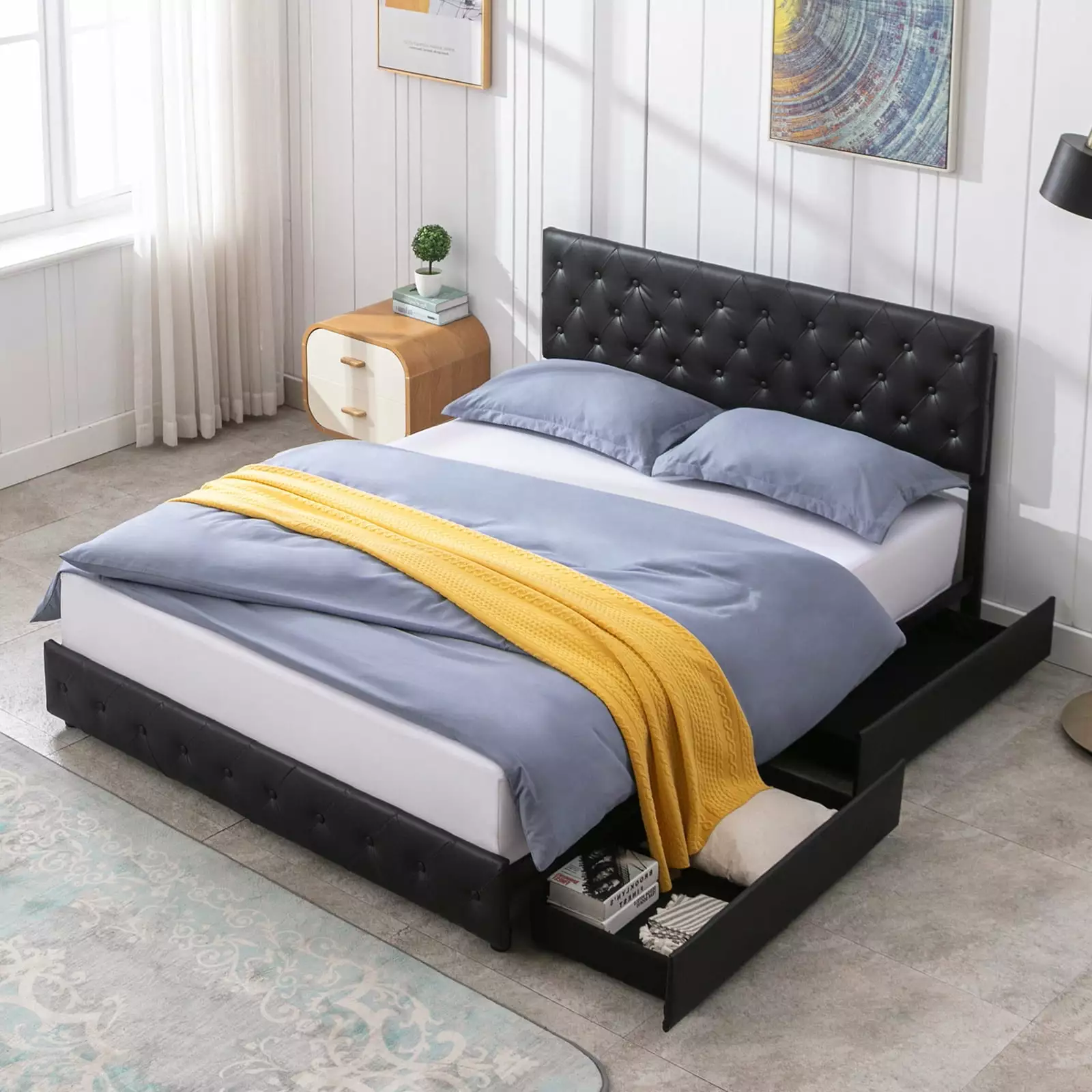 ijuicy Queen Size Upholstered Platform Bed Frame with 4 Storage Drawers. PU Leather Bed Frame with Adjustable Headboard. Black