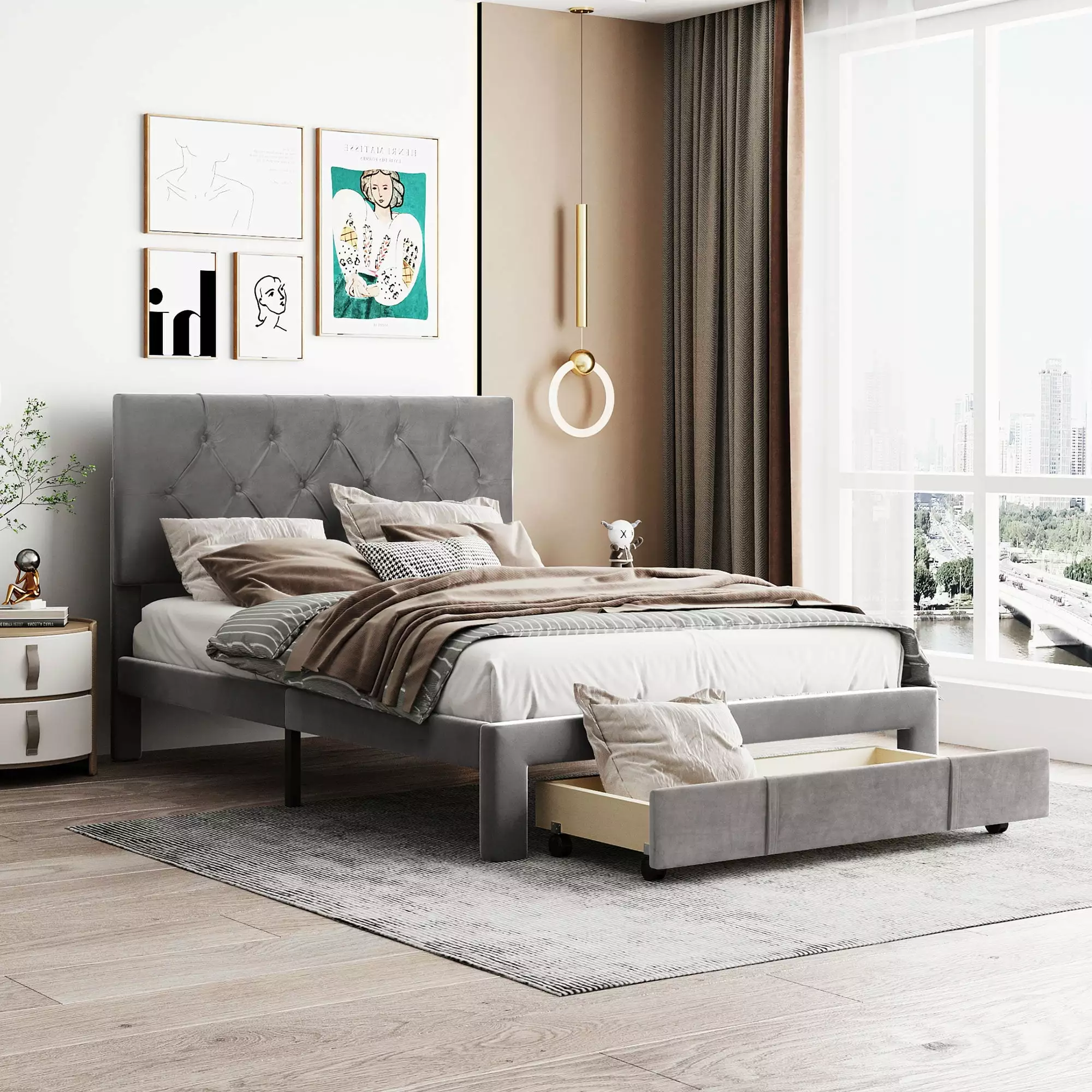 paproos Full Platform Bed Frame with Storage. New Upgraded Velvet Upholstered Platform Bed with Tufted Button Headboard and a Big Drawer. No Box Spring Needed. Full Size Bed Frame for Adults. Gray