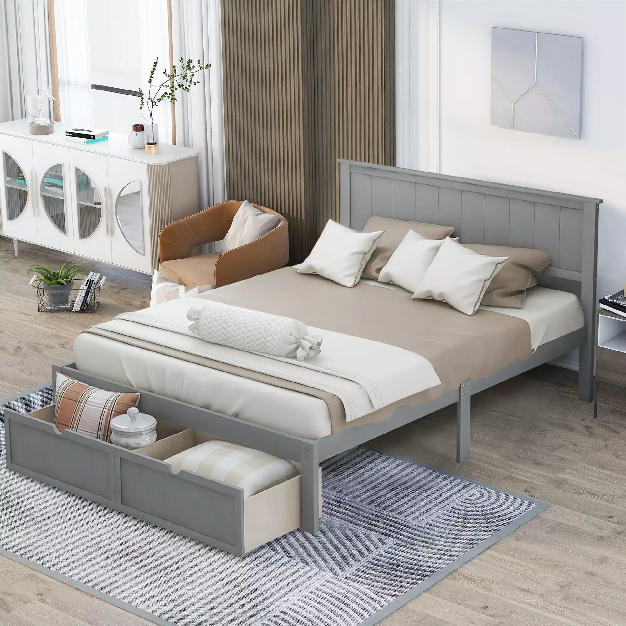 paproos Full Size Platform Bed with Storage. Modern Wood Bed Frame with Headboard and Under-bed Drawer. Bedroom Furniture Full Bed Frame for Kids Teens Adults. No Box Spring Needed. Gray