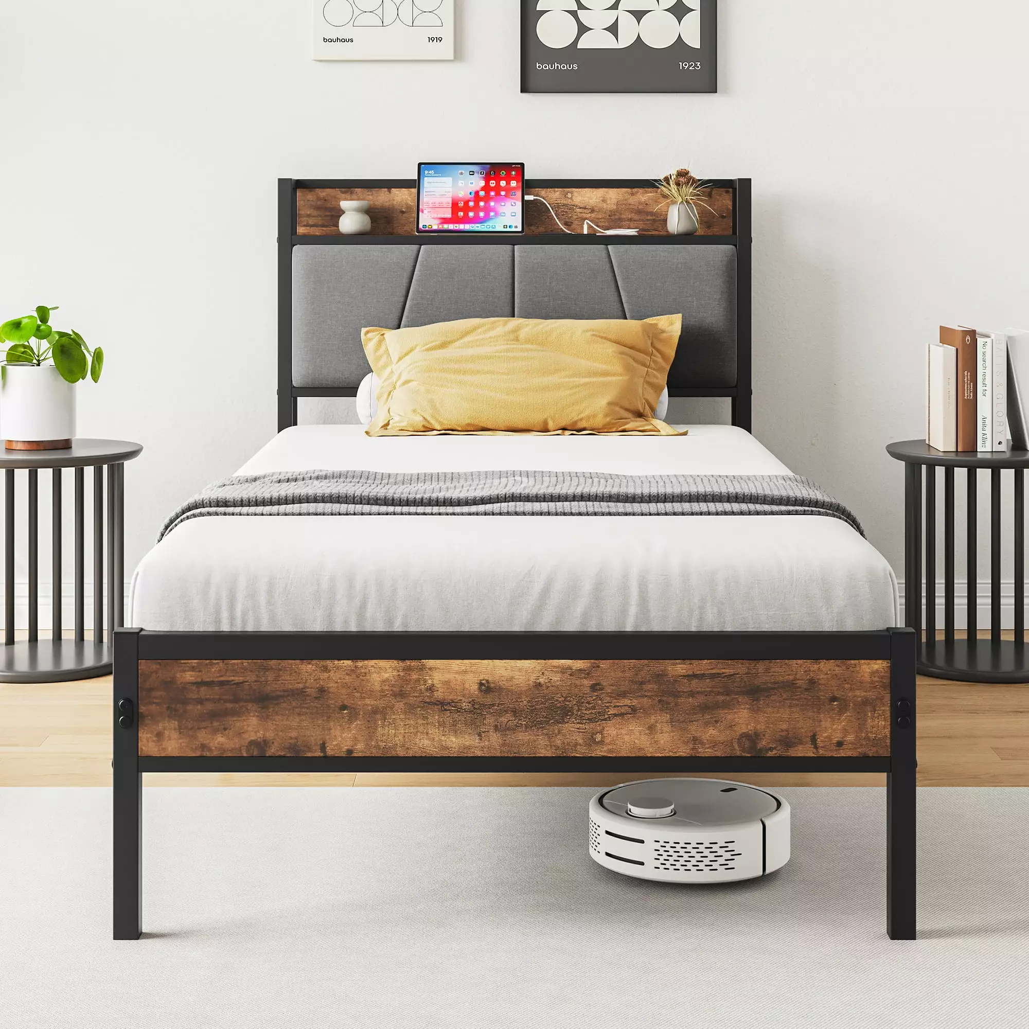 PAPROOS Twin Metal Platform Bed. Storage Headboard with Charging Station. Metal Bed Frame with Heavy Duty Steel Slats. No Box Spring Needed. Black+Brown