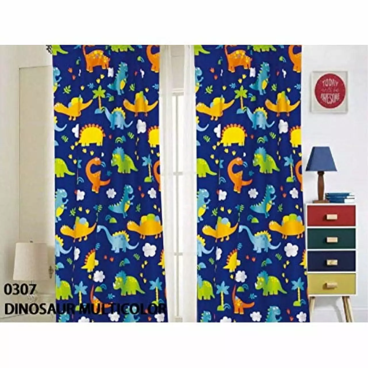 sapphire home kids boys window curtain panels with tiebacks. fun dinosaurs design print window curtain for boys kids. blue green kids room dcor. dinosaur curtain