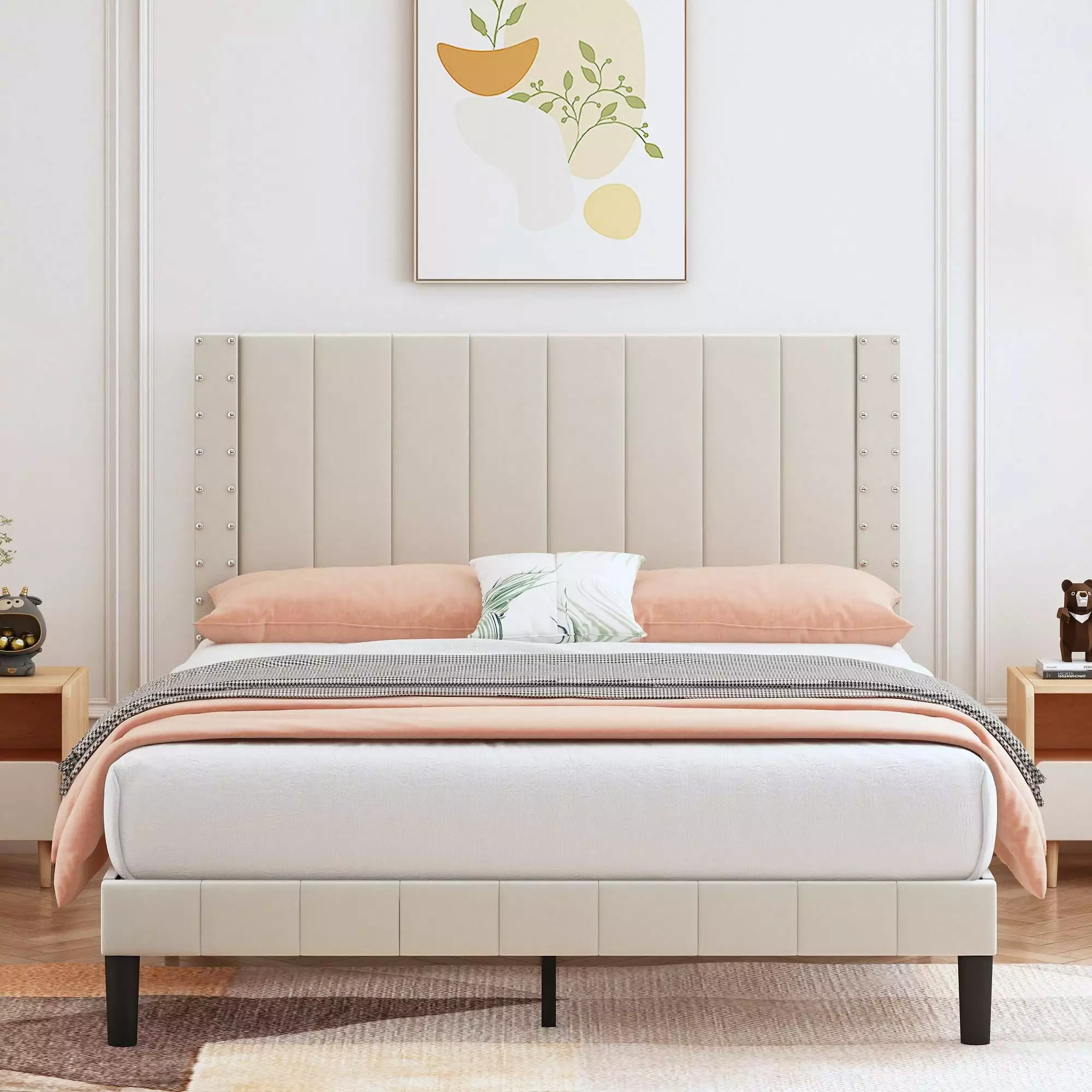 uhomepro Beige Queen Bed Frame with Velvet Upholstered Headboard. Modern Platform Bed Frame for Adults Teens Kids. Bedroom Furniture w/ Wood Slats Support. No Box Spring Needed