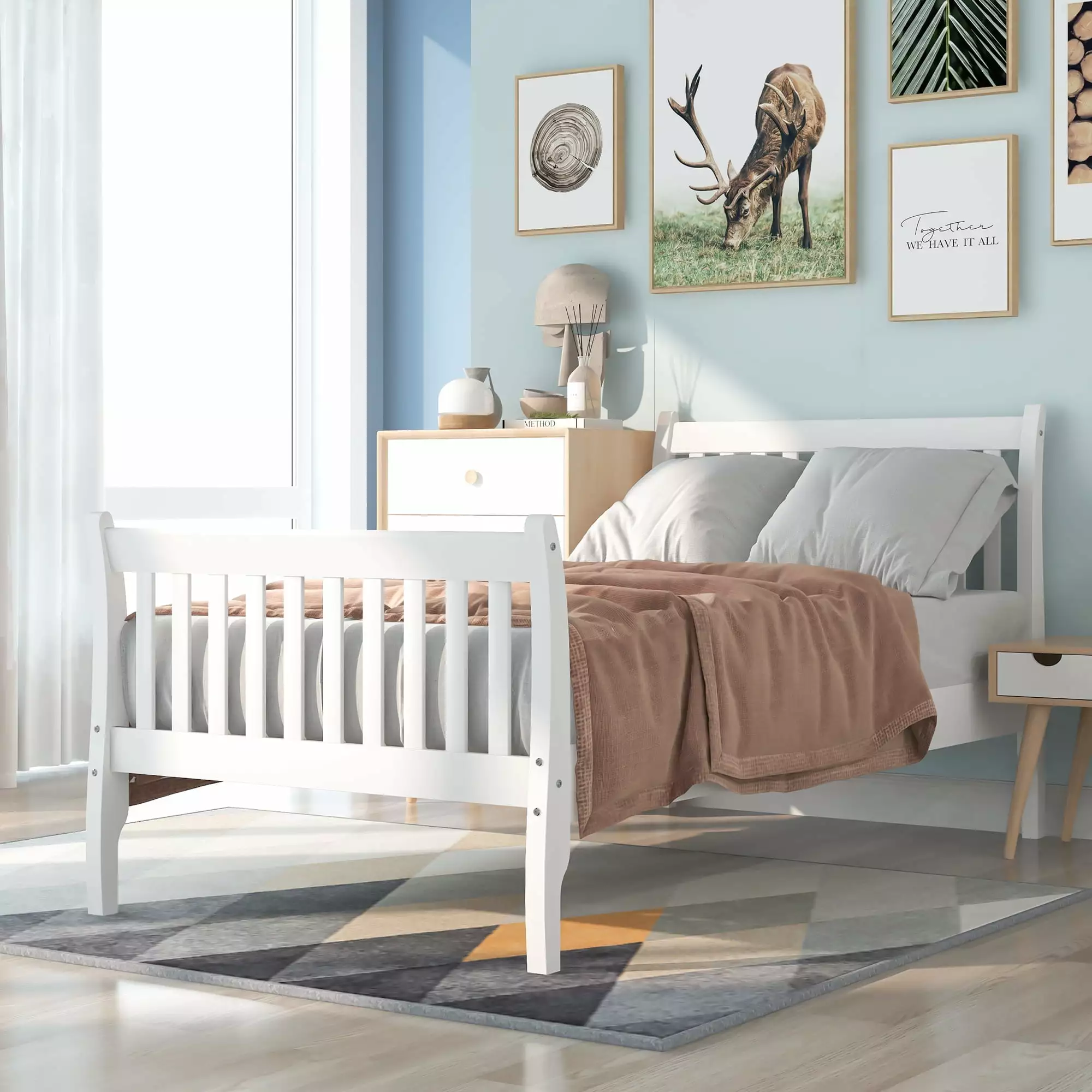 uhomepro Classic Wood Twin Bed Frame for Kids. Platform Bed Frame with Headboard and Footboard. Modern Twin Size Bed Frame with Wood Slats Support. Holds 300 lb. No Box Spring Needed. White. Q11750