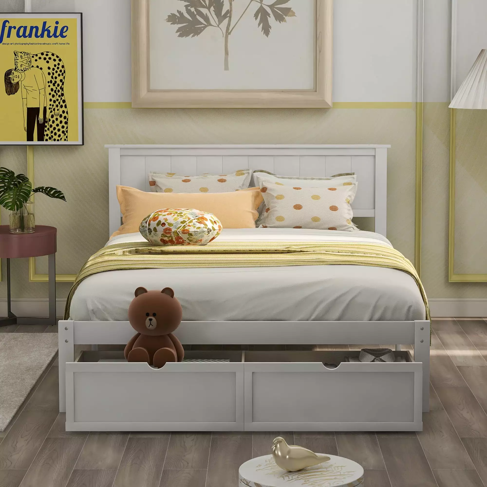 uhomepro Full Bed Frame for Kids Adults. Upgrade Pine Wood Storage Bed Frame with Headboard. Modern Platform Bed Frame. Bedroom Furniture with Storage Drawer. No Box Spring Needed. White. Q19415