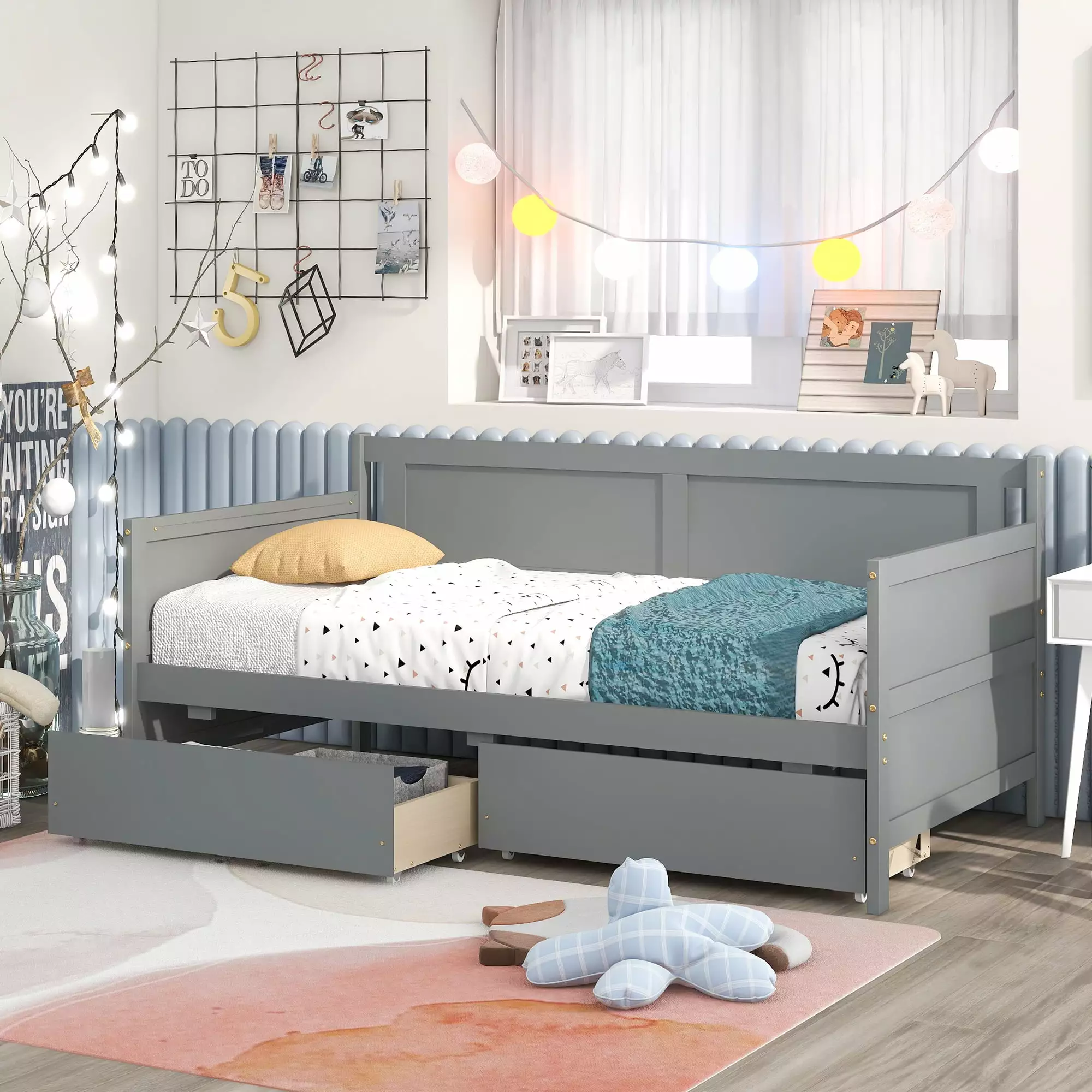 uhomepro Gray Daybed with Storage Drawers. Wood Twin Bed Frame Sofa Bed for Kids Girls Boys. Living Room Bedroom Furniture. No Box Spring Needed