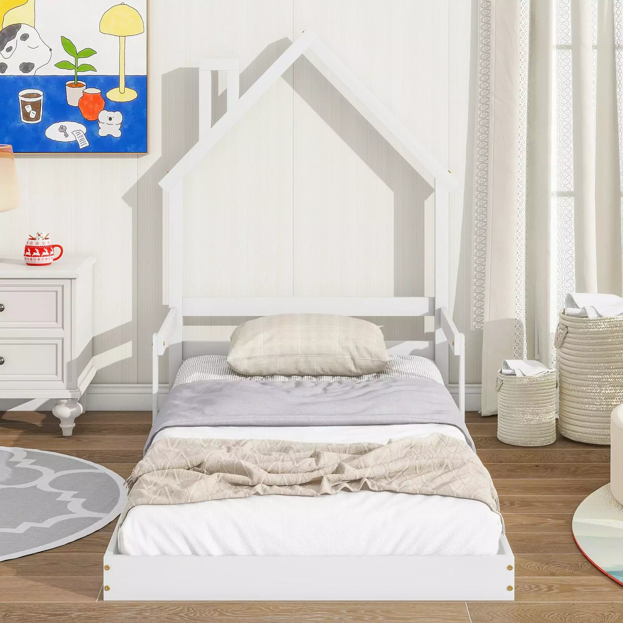 uhomepro Kids Twin Size Bed Frame with House-Shaped Headboard. Wood Platform Bed Frame for Boys Girls. No Box Spring Needed. White