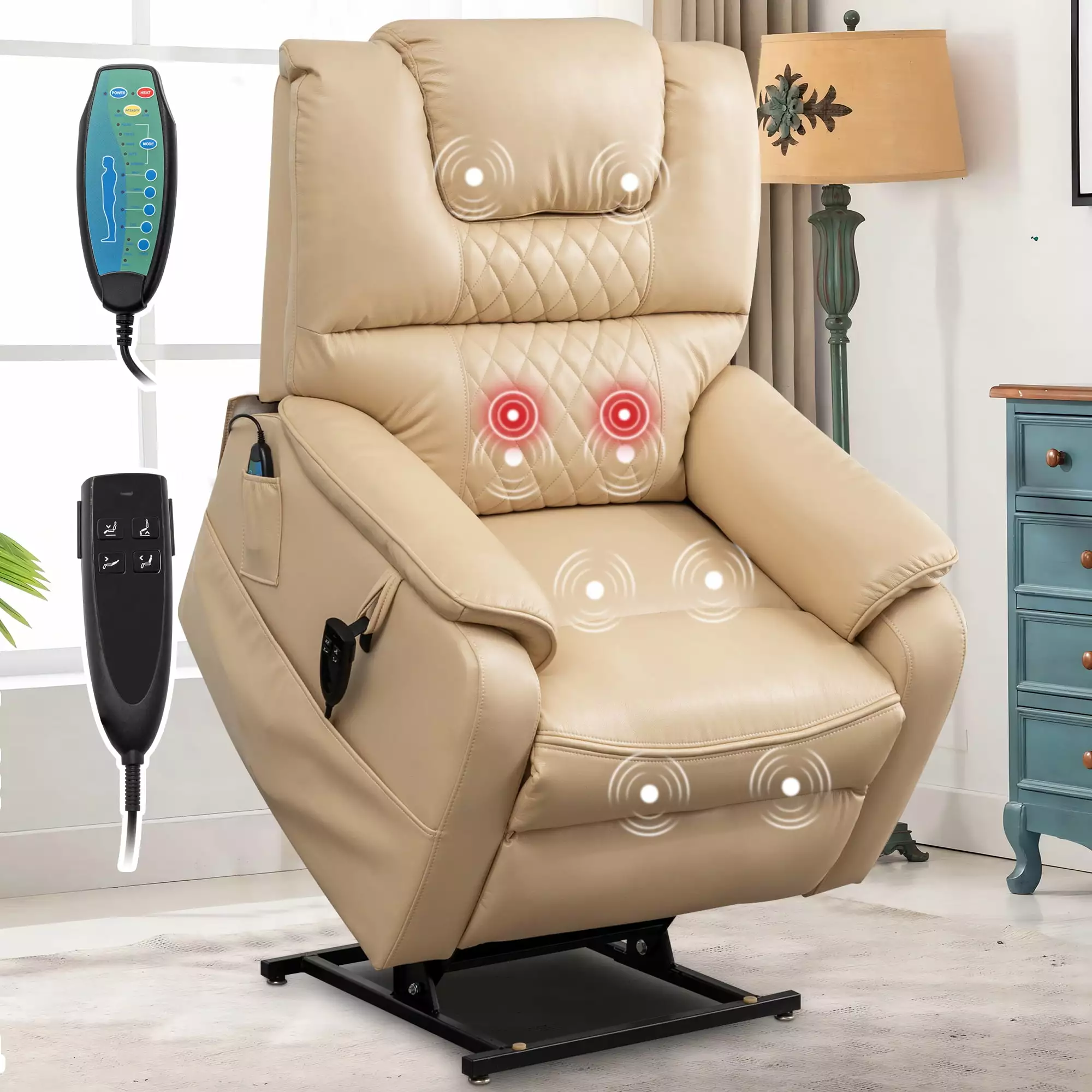 uhomepro Large Heated Recliner Massage Chair 400 LB for Big and Tall. PU Leather Power Lift Recliner. Infinite Position Oversize Massage Living Room Chair. Beige Yellow