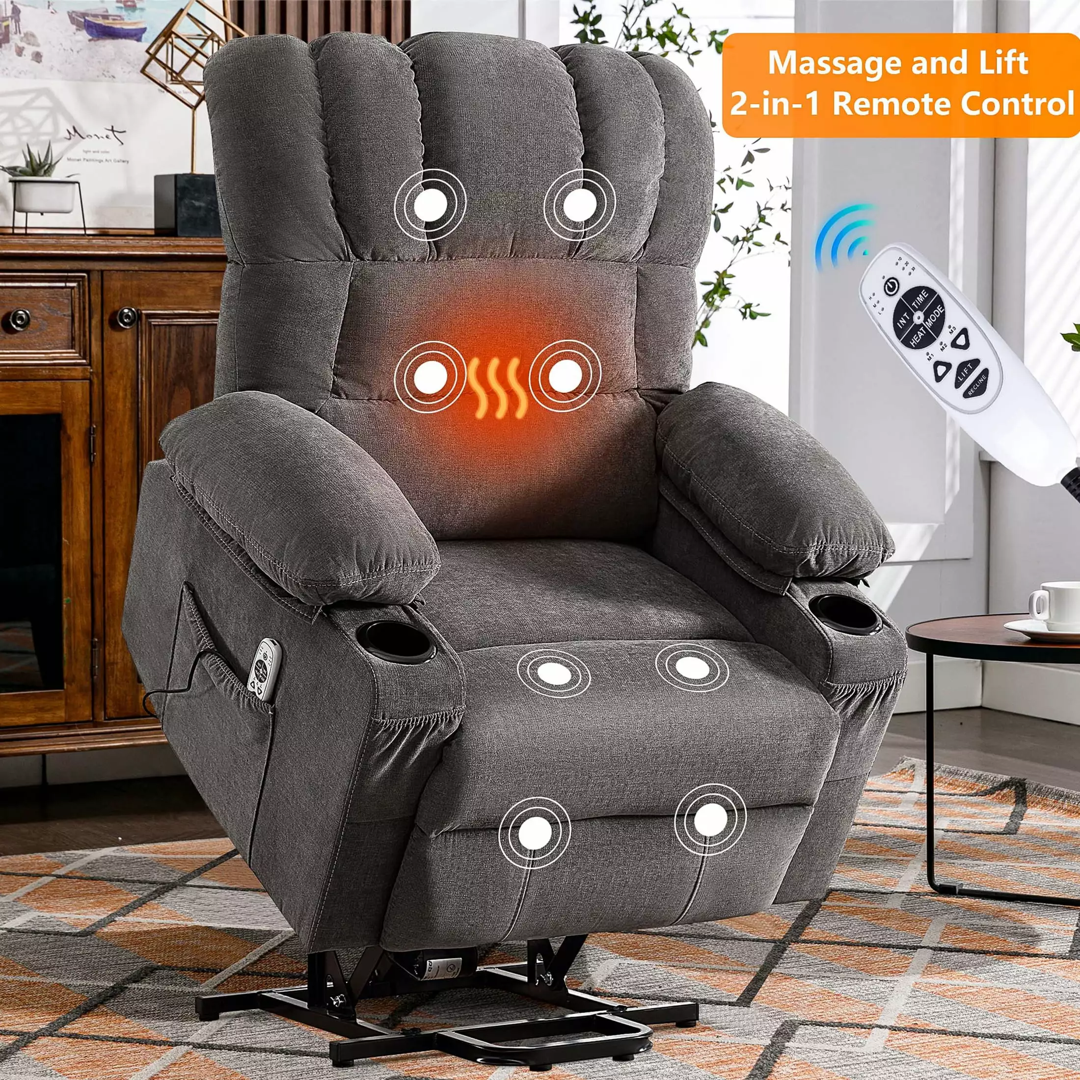 uhomepro Large Recliner Chair with Heat and Massage for Elderly. Power Lift Recliners Chair for Home Theater. Living Room Chairs Reclining Sofa with USB. Cup Holders and Side Pockets. Gray