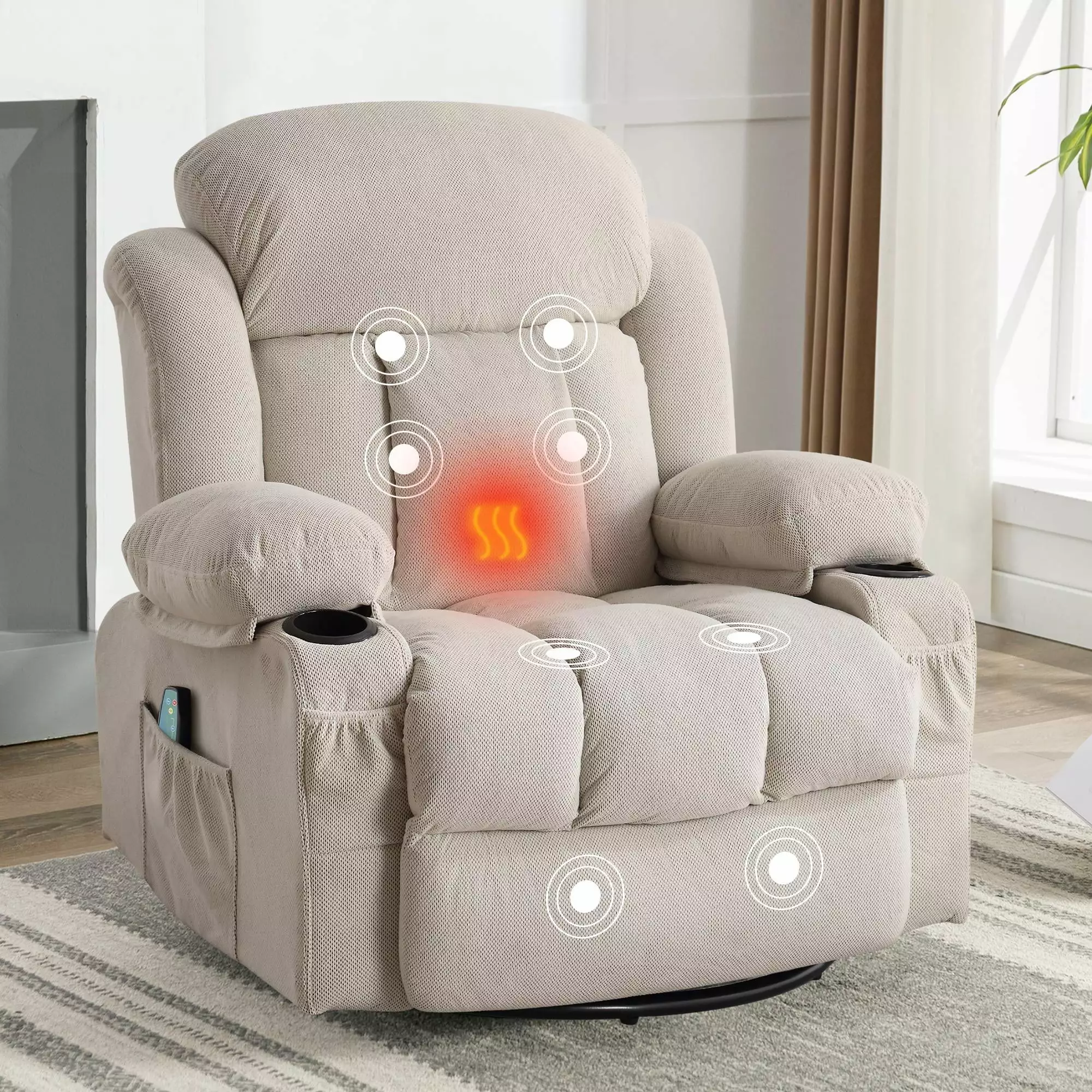 uhomepro Massage Swivel Rocker Recliner Chair with Heat and Vibration. Manual Rocking Recliner Chair for Living Room. Flannel Fabric Lounge Chair with Side Pocket. 2 Cup Holders. USB Port. Beige