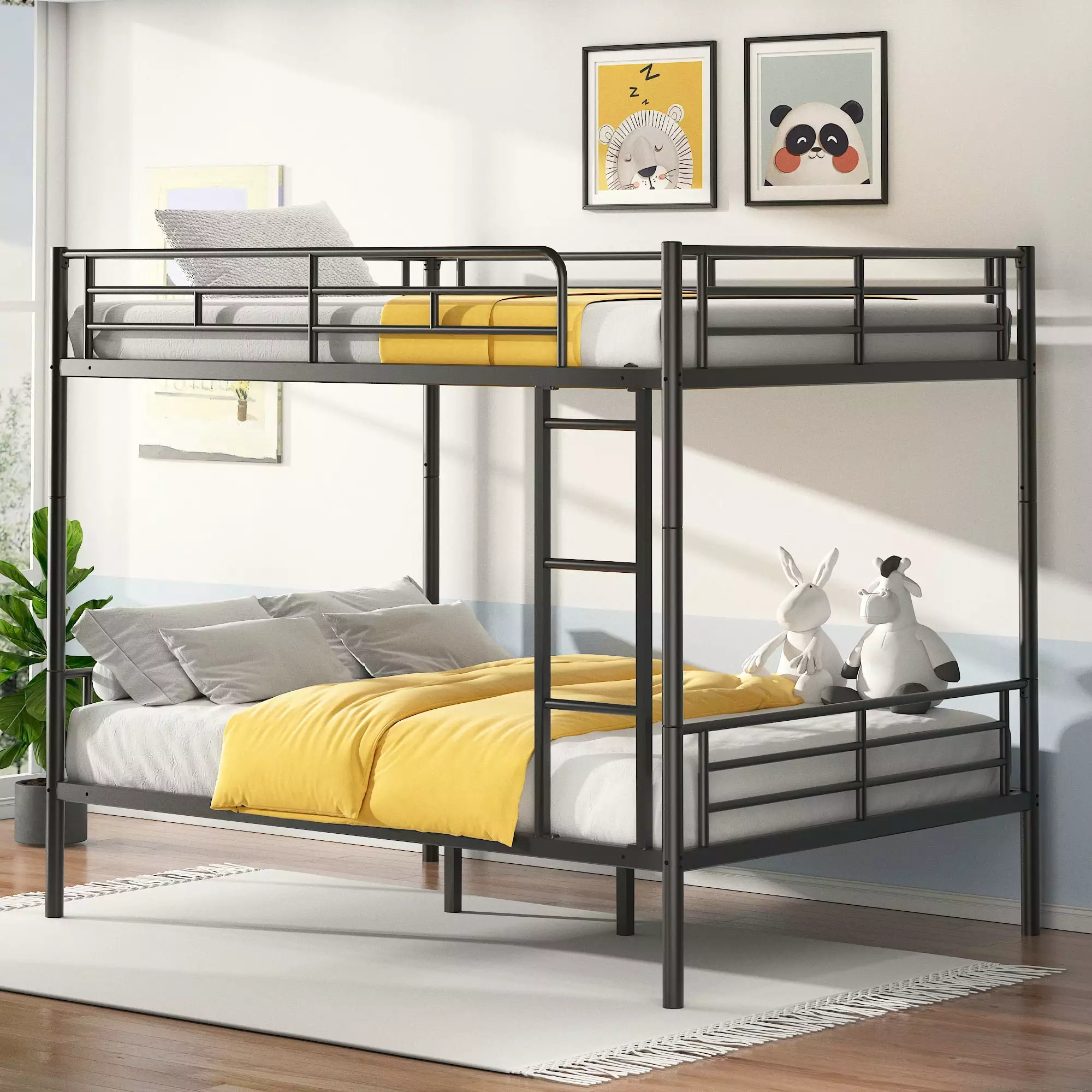 uhomepro Metal Bunk Bed Full Over Full. Heavy Duty Bed Frame with Safety Guard Rails. Flat Ladder. Durable Bunk Beds Full Over Full Size for Kids Teens Adults. Bedroom Furniture. Black