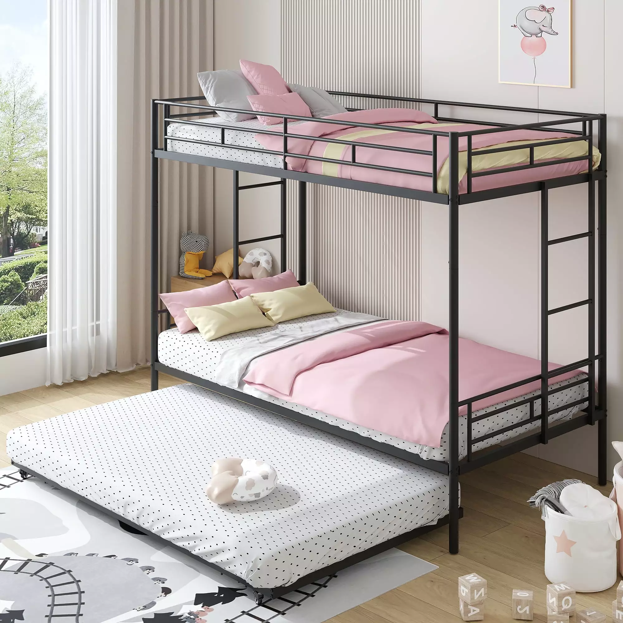 uhomepro Metal Twin Over Twin Bunk Beds with Trundle Bed. Twin Bunk Beds for Kids Adults Teens. Bunk Bed Can Be Divided Into 2 Twin Beds with Trundle. 2 Ladders. No Box Spring Need. Black