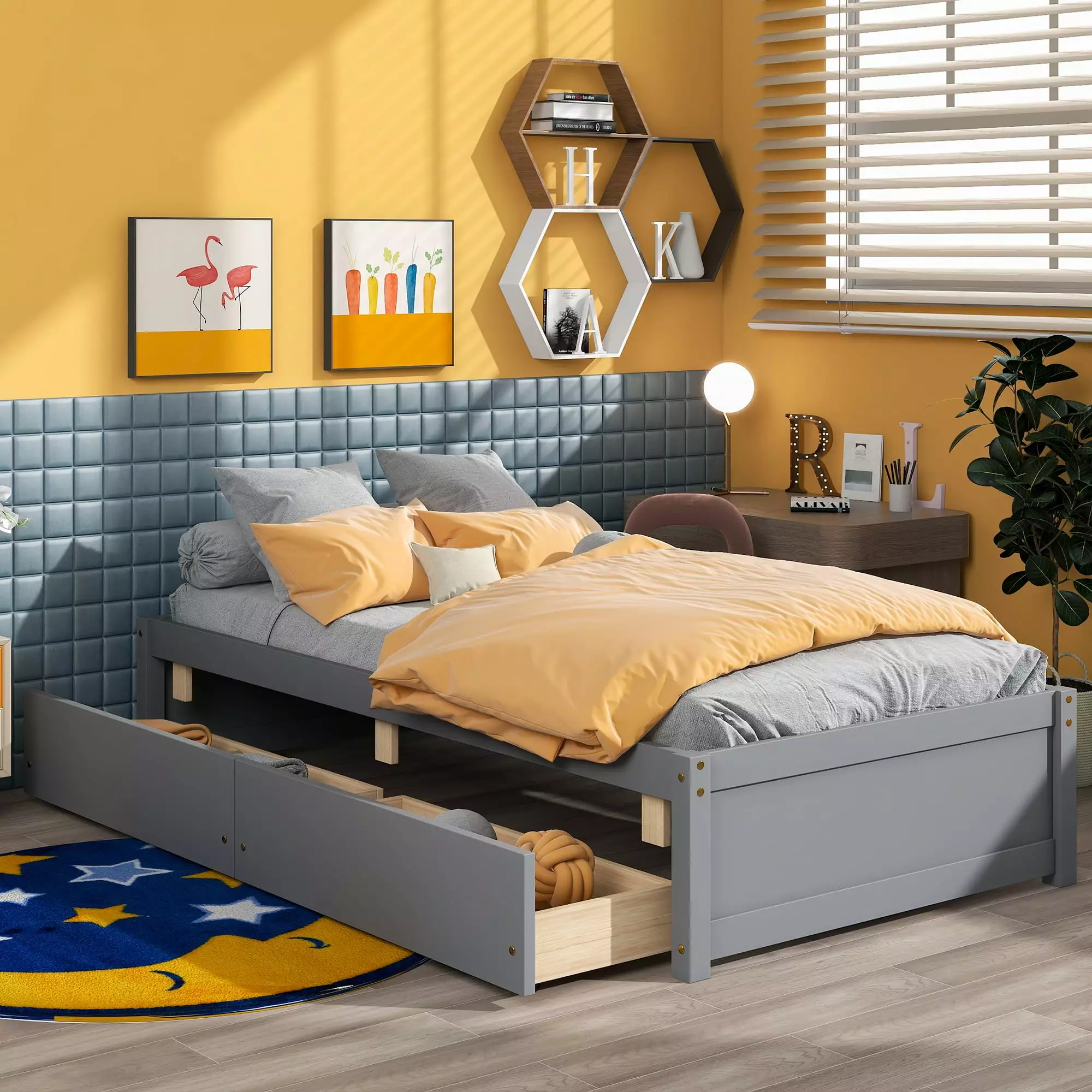 uhomepro Platform Storage Bed with 2 Drawers. Gray