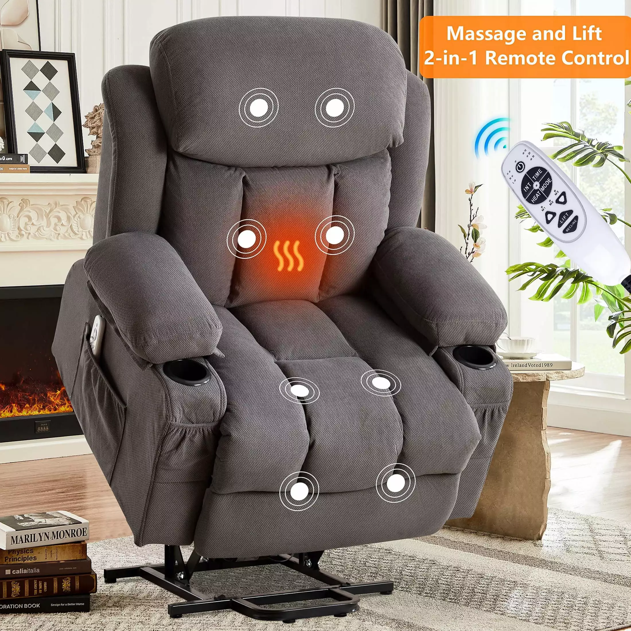 uhomepro Power Lift Recliner Chairs with Massage and Heat. Electric Fabric Recliner Chair for Elderly. Living Room Furniture with USB Ports. 2 Cup Holders. and Side Pocket. Gray