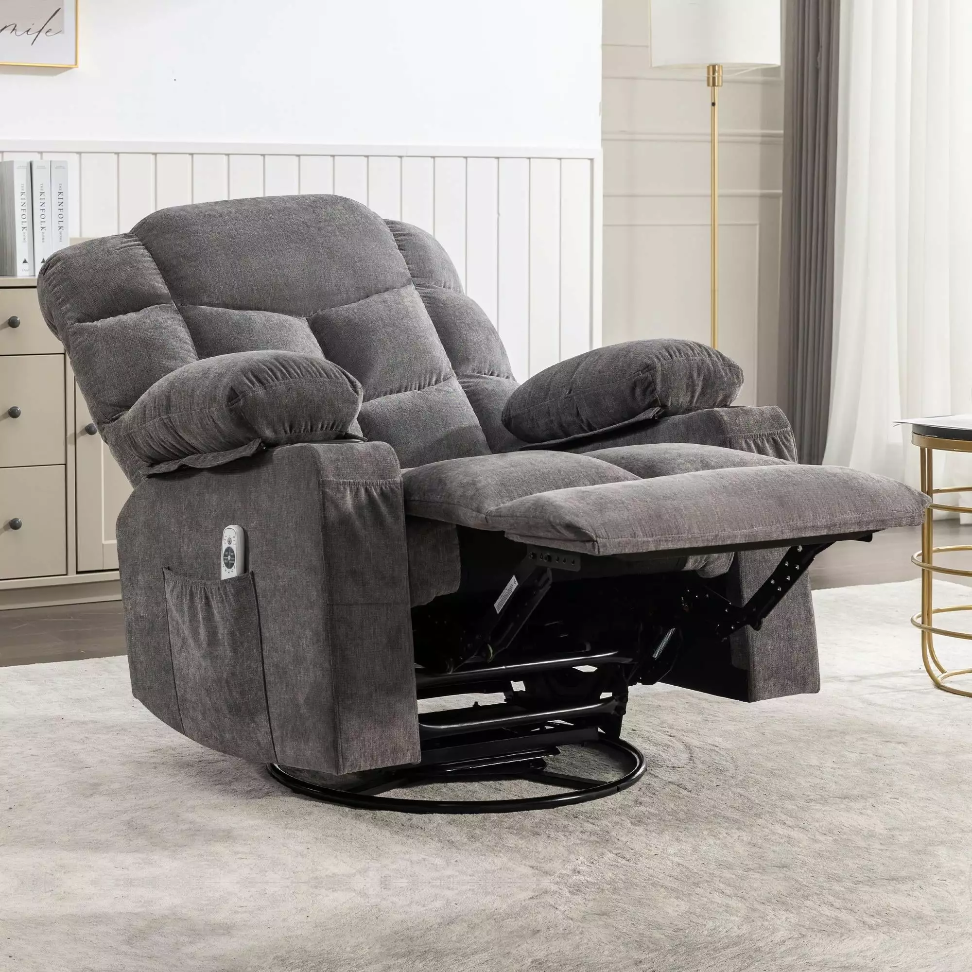 uhomepro Swivel Rocker Recliner Chair with Vibration Massage and Heat. Fabric Manual Rocking Recliner Chair for Living Room with Side Pocket. 2 Cup Holders. USB Charge Port. Gray