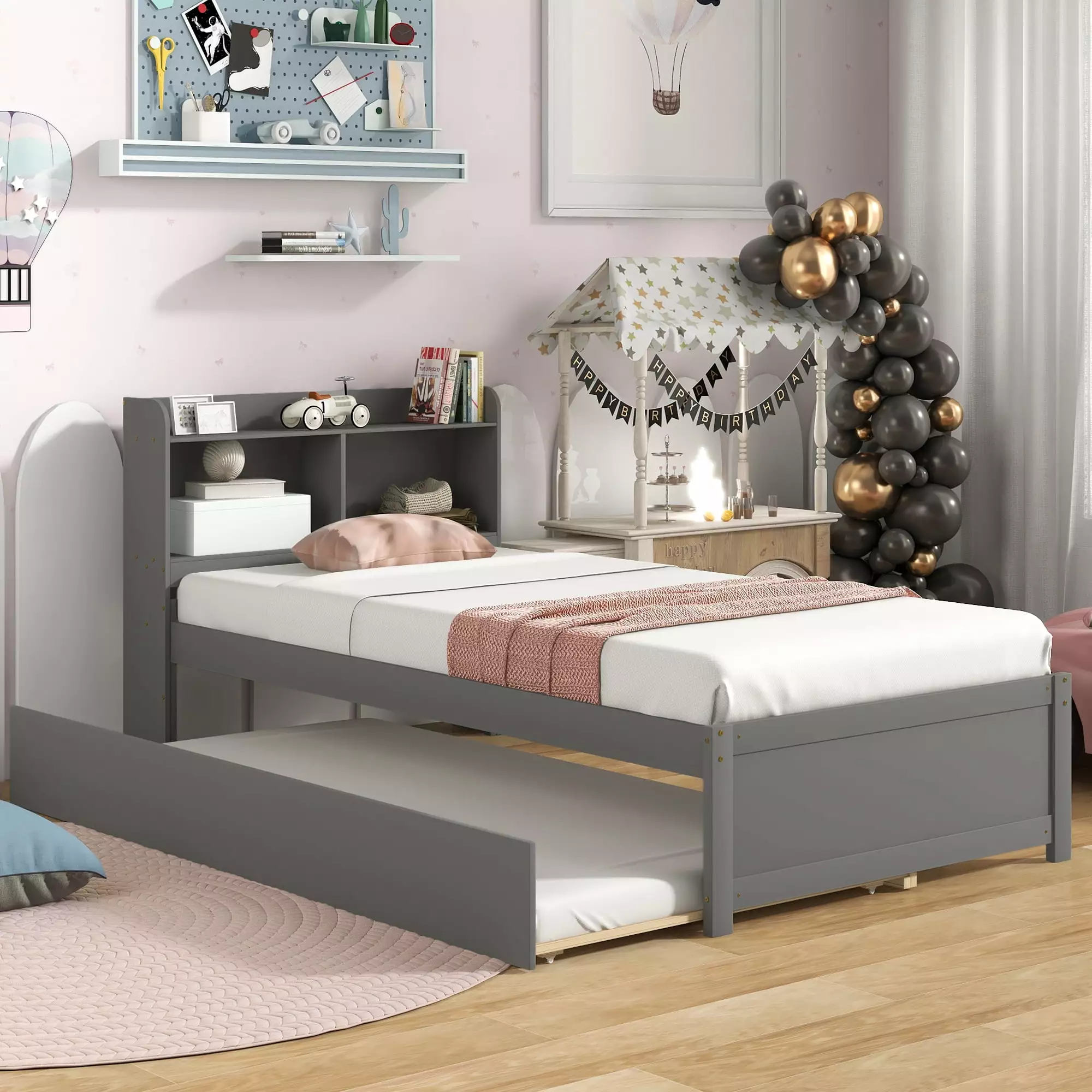 uhomepro Twin Bed with Trundle. Twin Size Platform Bed with Bookcase Headboard and Pull Out Trundle Bed. Wooden Twin Bed Frame with Storage Shelves. No Box Spring Needed. Gray