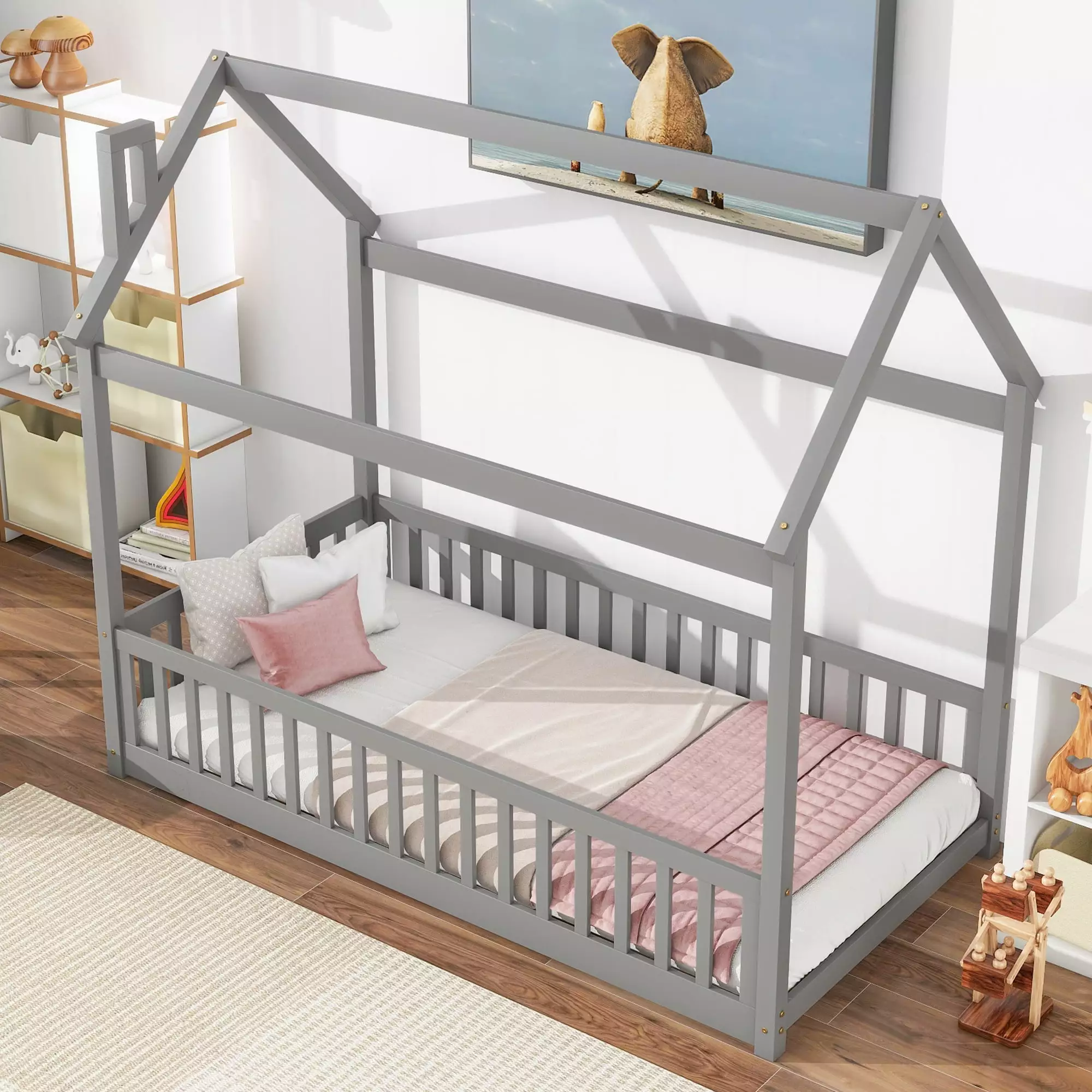 uhomepro Twin House Bed with Fence. Floor Toddler Twin Bed Frame with Wood Slats Support. Kid Beds for Girls Boys. Gray