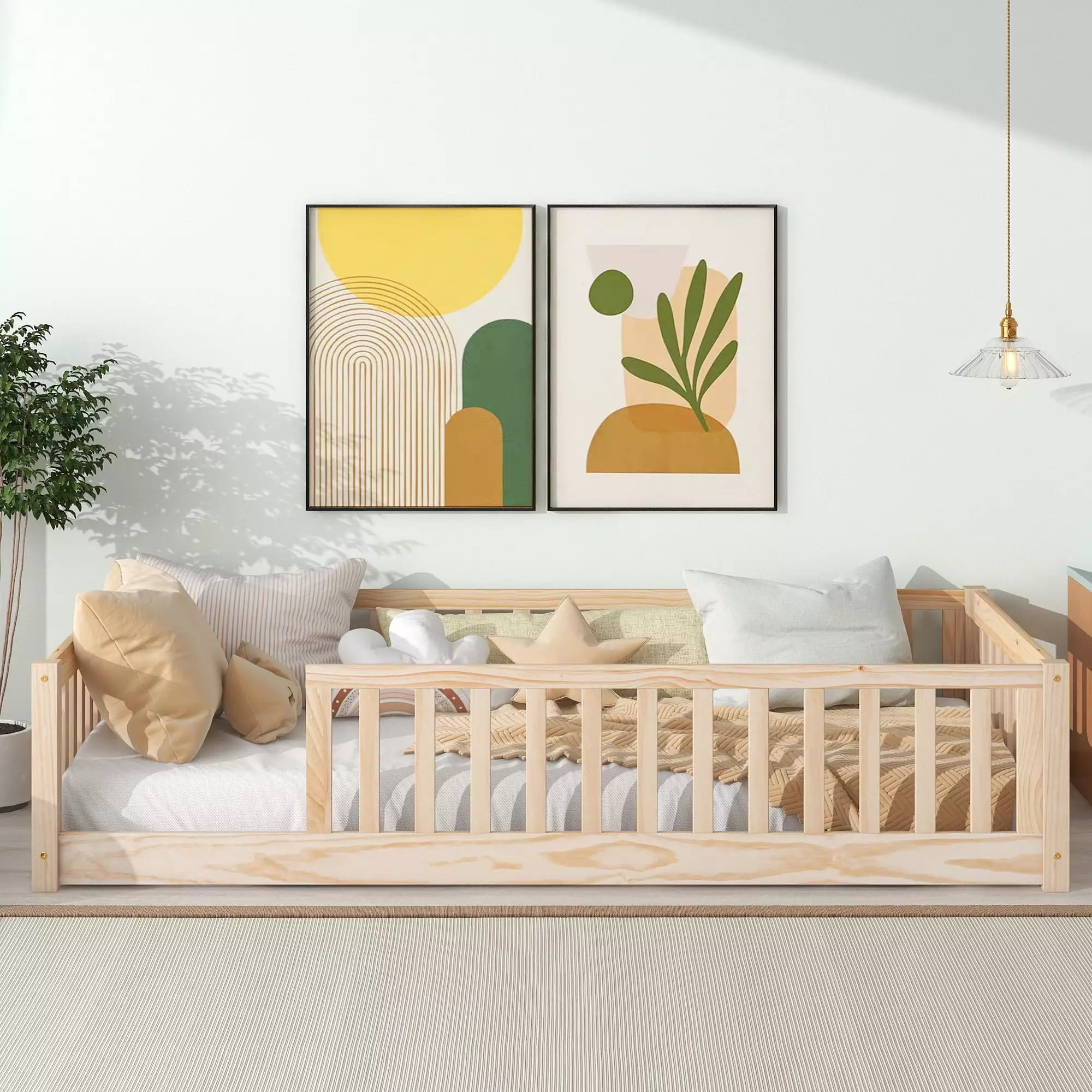 uhomepro Twin Size Floor Bed for Kids. Platform Bed Frame with Fence-Shaped Guardrails. Wooden Floor Bed for Kids. Toddler. Boys Girls. Natural