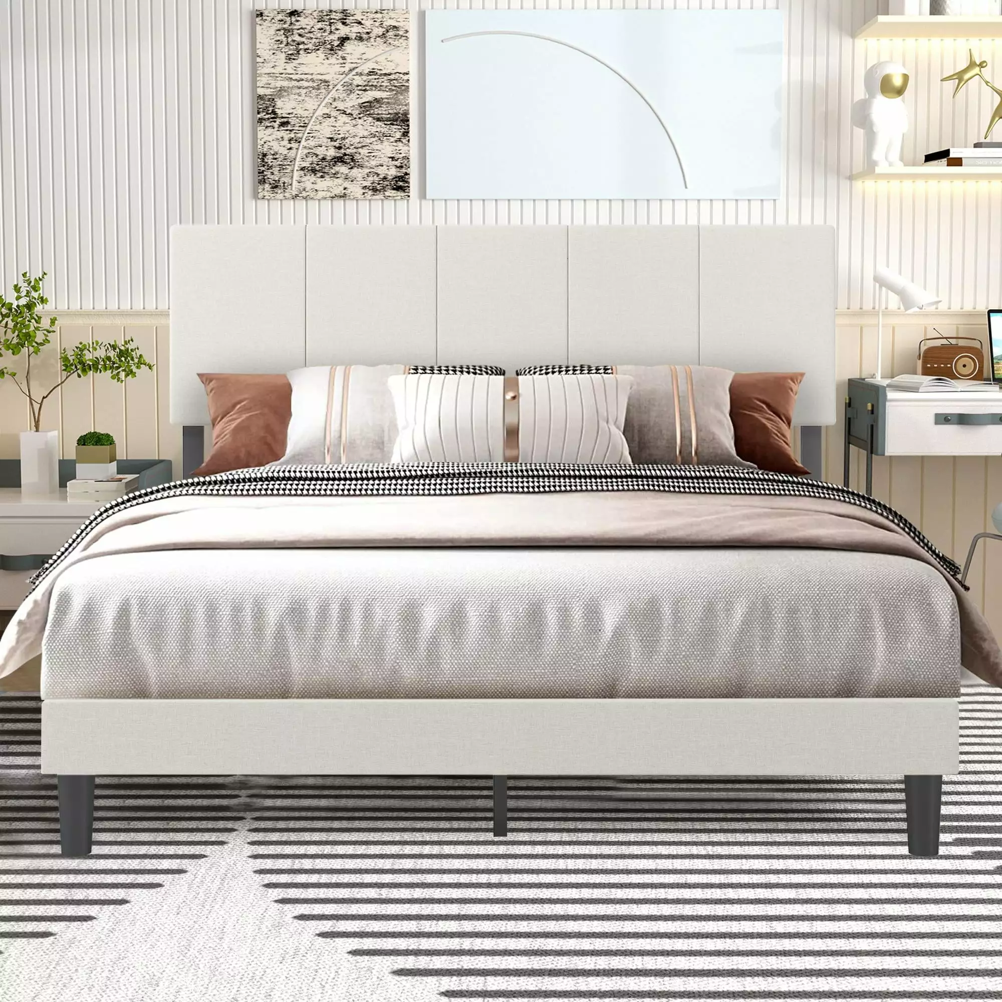 uhomepro Upholstered Platform Full Bed Frame with Headboard. Modern Beige Fabric Linen Full Bed Frame with Wood Slat Support. Mattress Foundation for Adults Kids. No Box Spring Needed