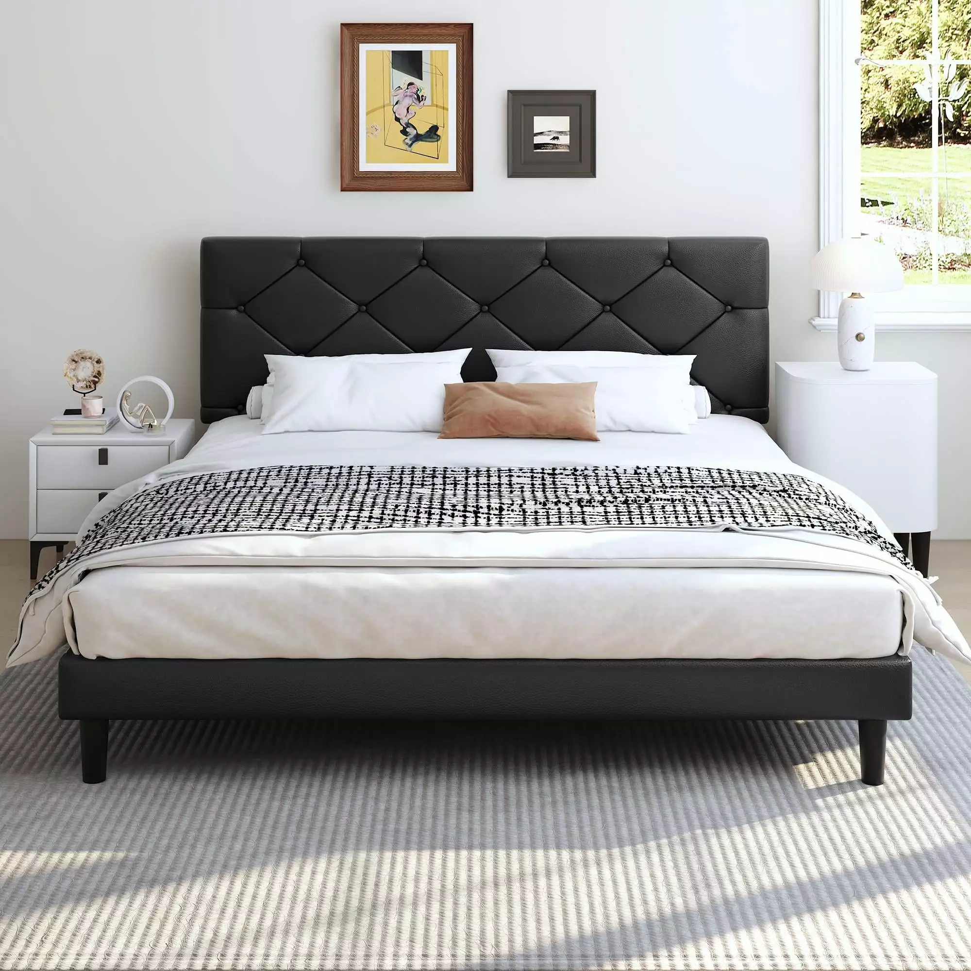 uhomepro Upholstered Platform Queen Bed Frame with Headboard. Modern Black Faux Leather Queen Bed Frame with Wood Slat Support. Mattress Foundation for Adults Kids. No Box Spring Needed