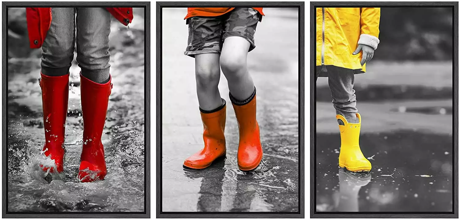 wall26 3 Panel Framed Canvas Wall Art - Bright Color Red and Yellow Rain Boots in Black and White Photo - Giclee Print Gallery Wrap Modern Home Art Ready to Hang - 24"x36"x3 Black