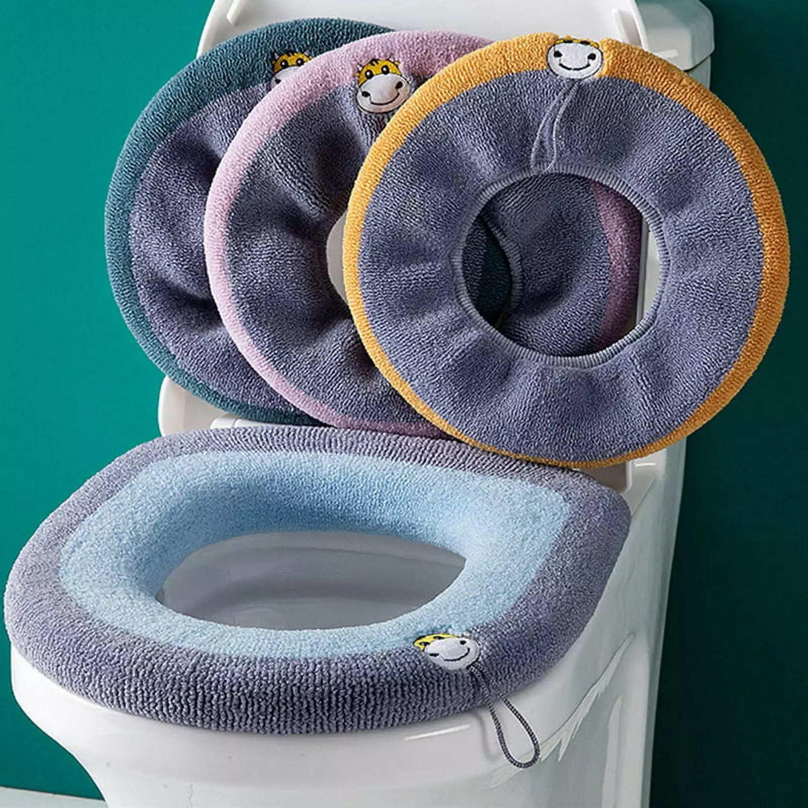 wirlsweal Toilet Seat Cover with Lanyard Easy Installation 4-season Bathroom O-shaped Knitting Closestool Mat Daily Use